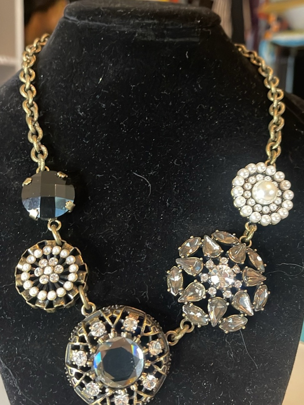 Lia Sophia Gold-Tone Statement Necklace with Black and Pearl Accents.